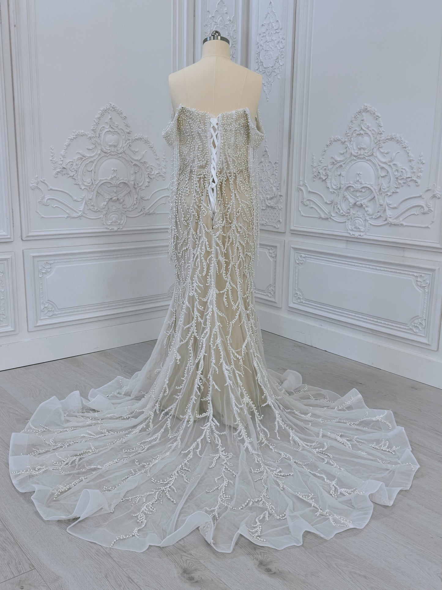 TBC-CM40 Custom-made pearl beading off the shoulder mermaid wedding dress - Ting's Bridal Collection