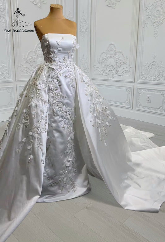 Custom-made white satin 3D beading lace embroidered strapless with straight neck 2 in 1 look trumpet wedding dress with detachable skirt - Ting's Bridal Collection