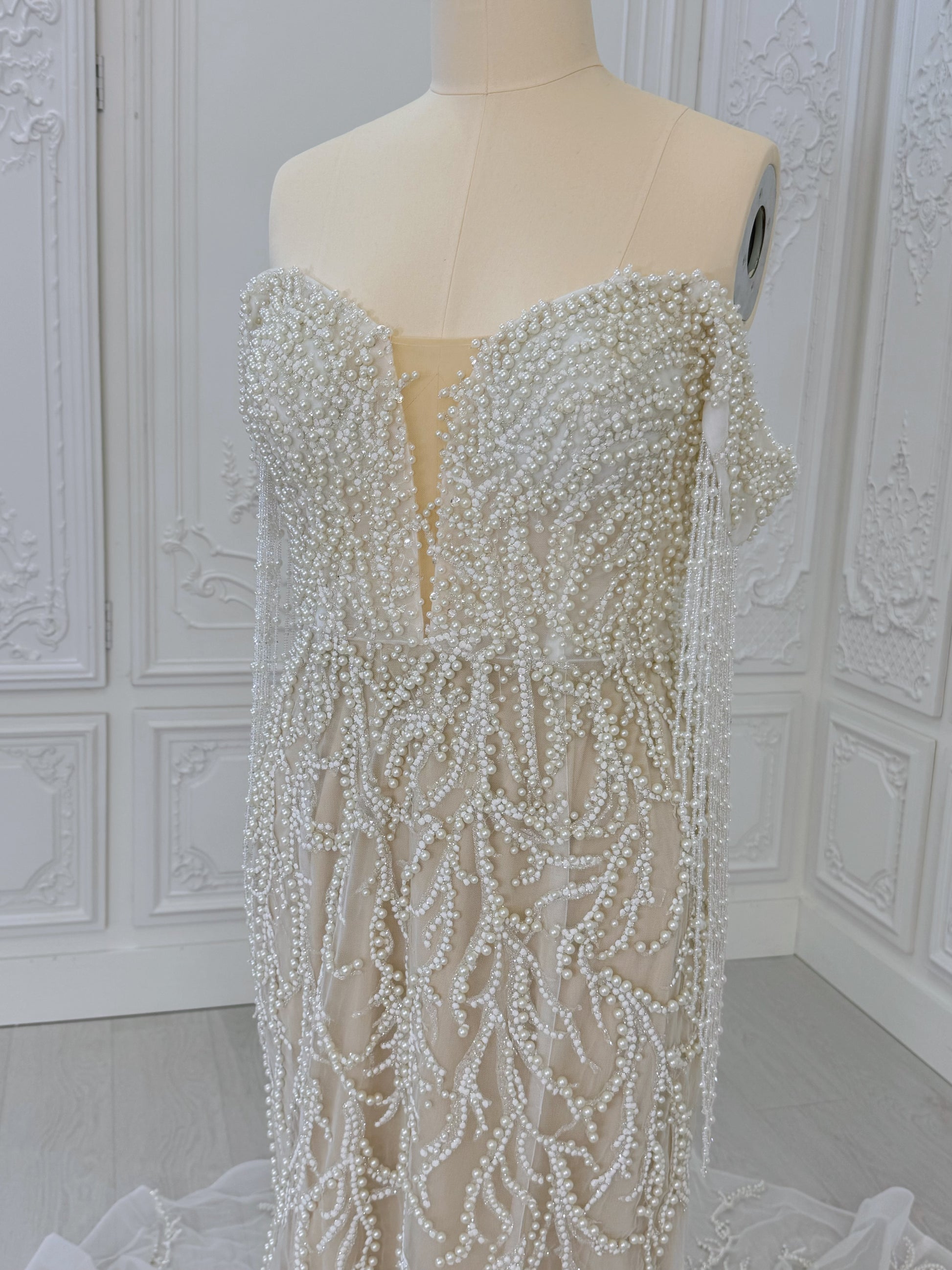 TBC-CM40 Custom-made pearl beading off the shoulder mermaid wedding dress - Ting's Bridal Collection