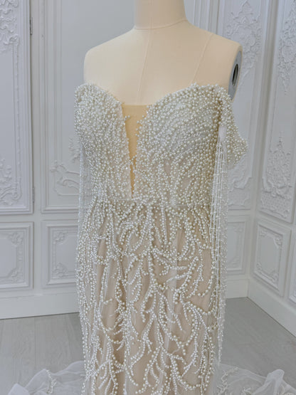 TBC-CM40 Custom-made pearl beading off the shoulder mermaid wedding dress - Ting's Bridal Collection