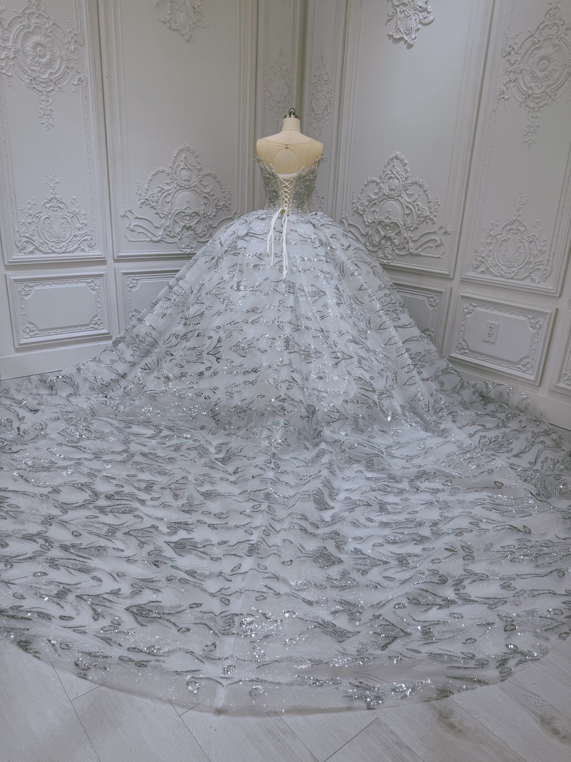 Stock Clearance! Bridal Size 10! Grey crystal beaded cap sleeve sparkling white&silver princess ballgown royal wedding dress - Ting's Bridal Collection