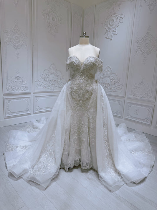 Stock clearance! Bridal size 16! Off white 2 in 1 look feather mermaid wedding dress with detachable skirt. - Ting's Bridal Collection