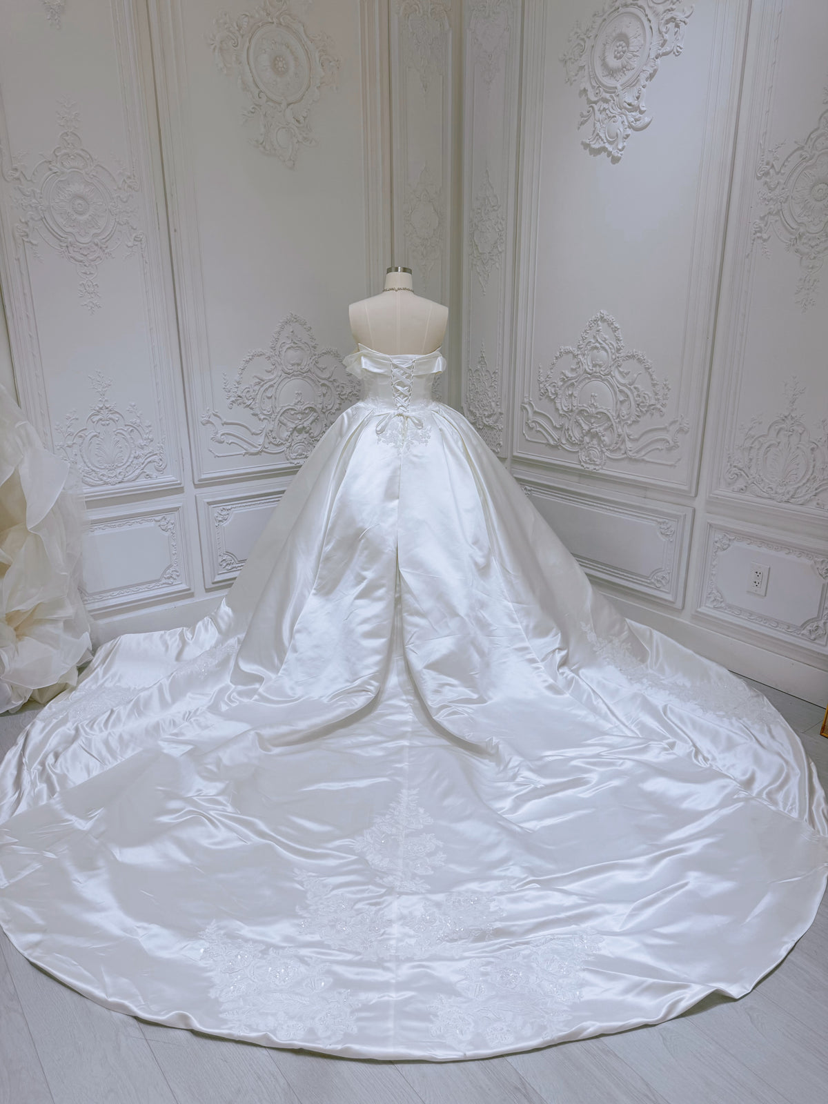 TBC-MB097 Custom-made lace embroidered off the shoulder ivory satin ballgown wedding dress - Ting's Bridal Collection