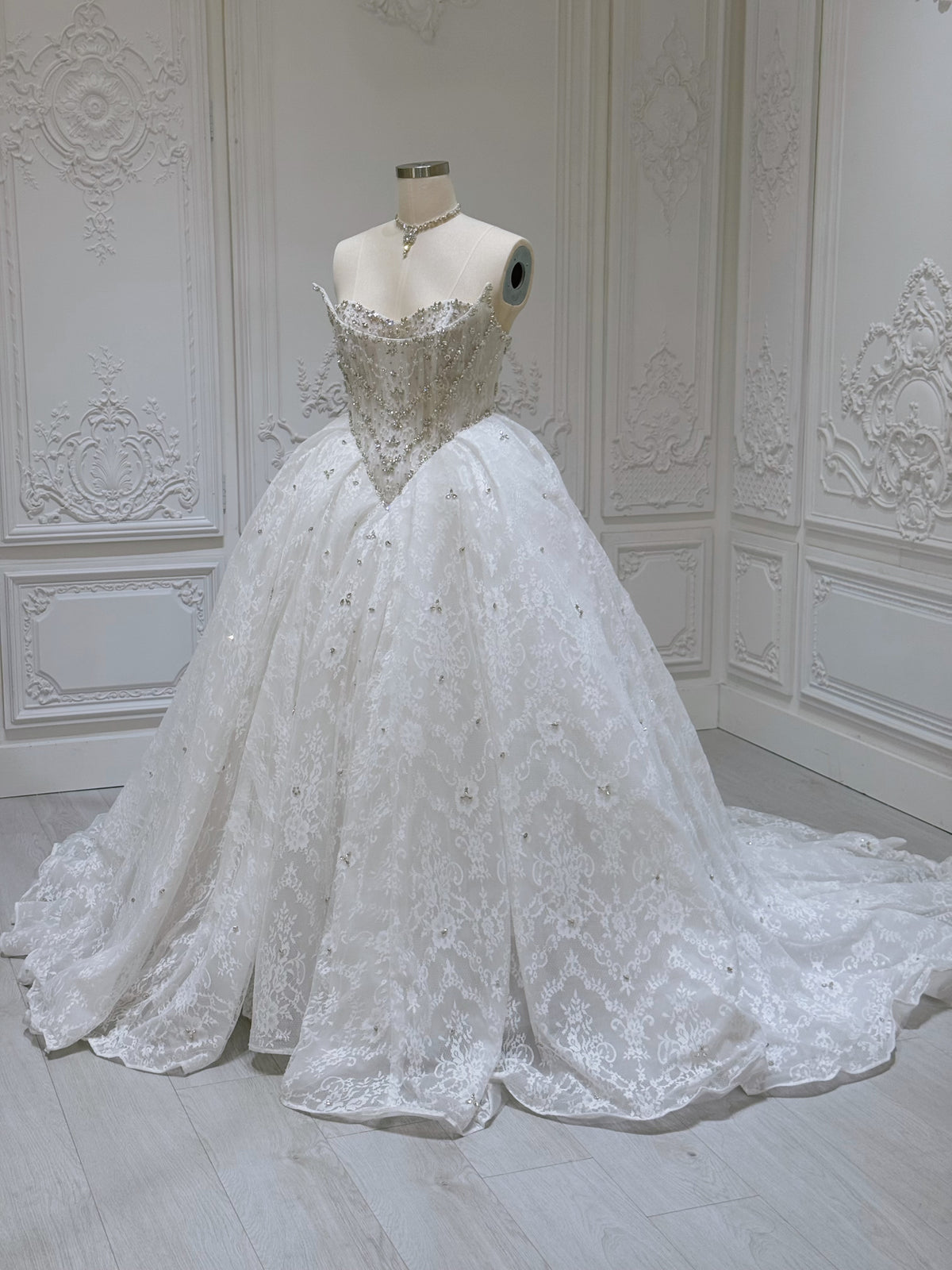 TBC-ZB082 Stock of rhinestone beaded strapless lace ballgown wedding dress - Ting's Bridal Collection
