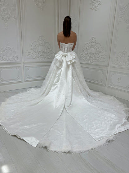 Stock Sale! Bridal size 12! Custom-made straight pearl beading corset lace Aline wedding dress with detachable bow - Ting's Bridal Collection