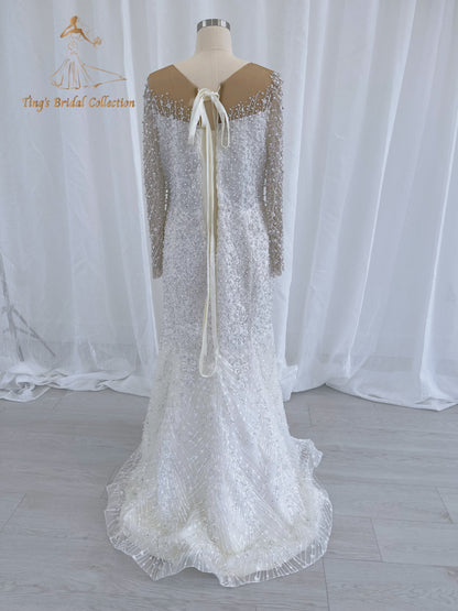 TBC-CM50 Custom-made Pearl with lace ivory long sleeve 2in1 mermaid with detachable skirt - Ting's Bridal Collection