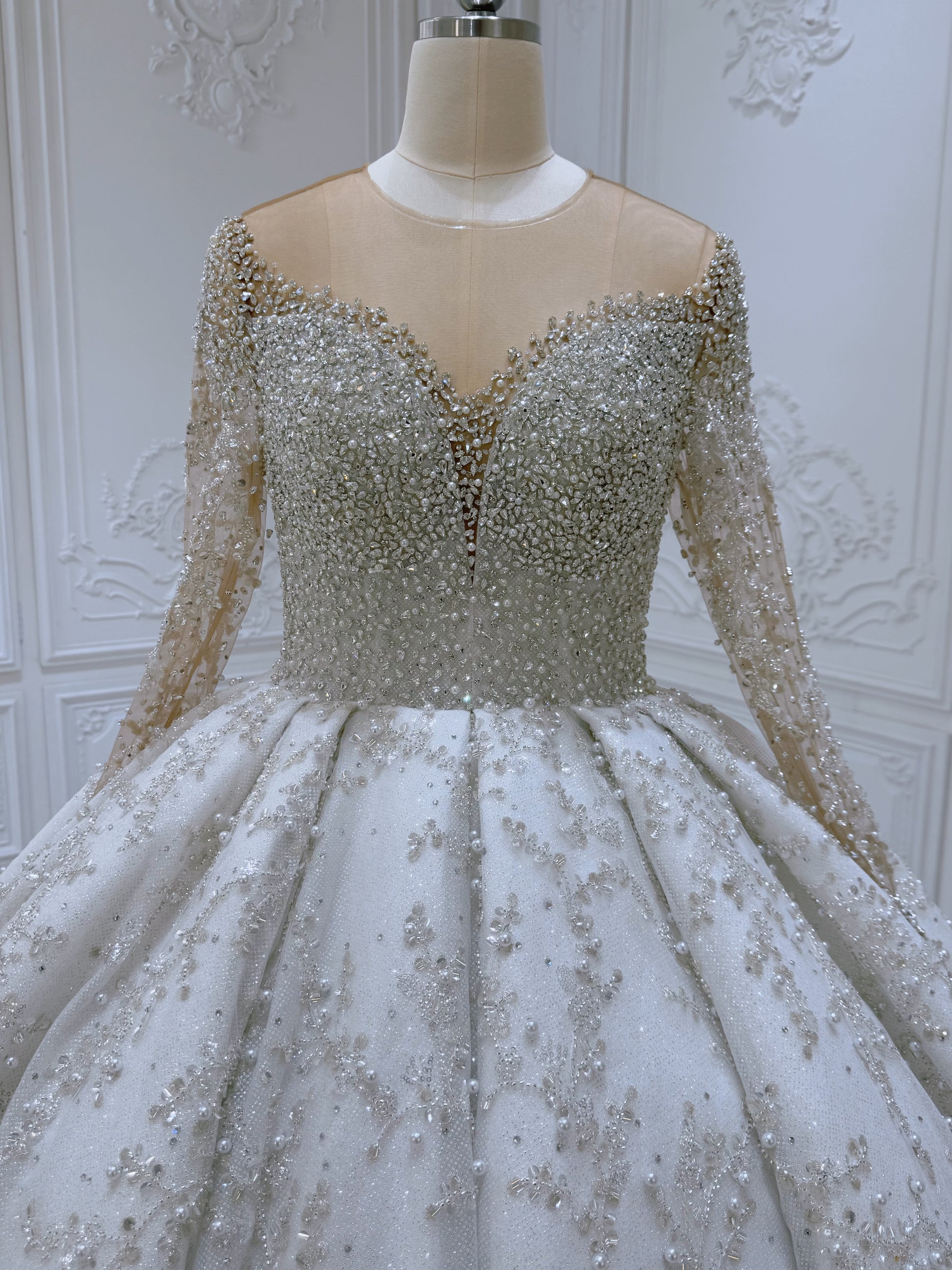 TBC-CM52 Custom-made luxury crystal with beading lace long sleeve sparkling princess ballgown royal wedding dress - Ting's Bridal Collection