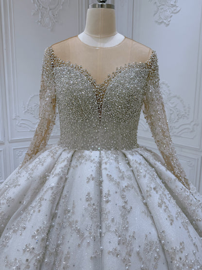 TBC-CM52 Custom-made luxury crystal with beading lace long sleeve sparkling princess ballgown royal wedding dress - Ting's Bridal Collection