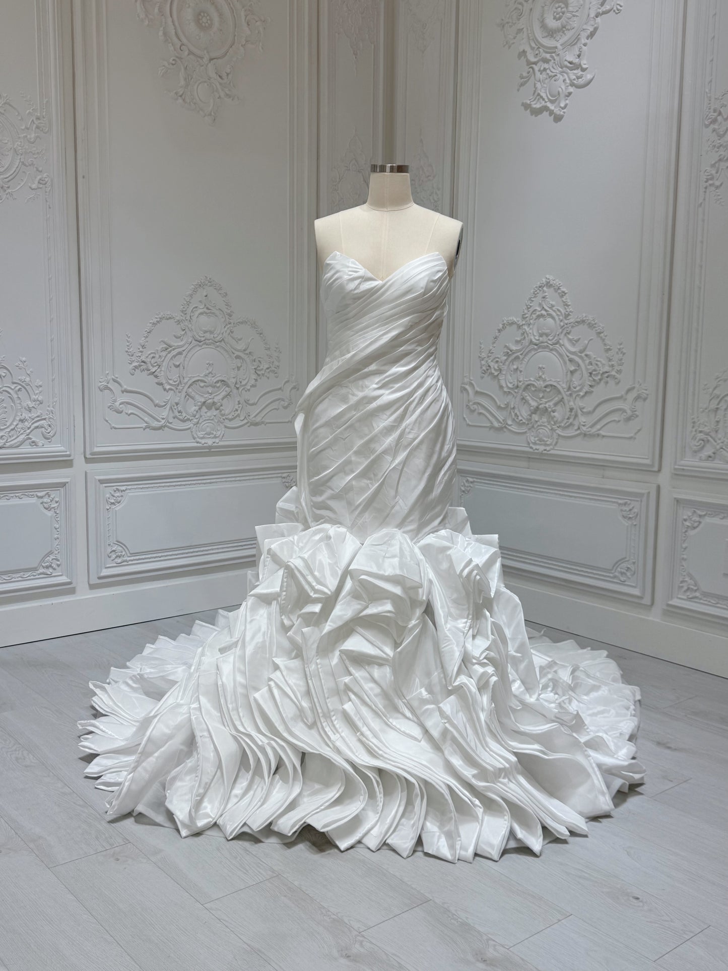 Stock clearance Bridal size 14! White satin pleated mermaid wedding dress with ruffled skirt - Ting's Bridal Collection