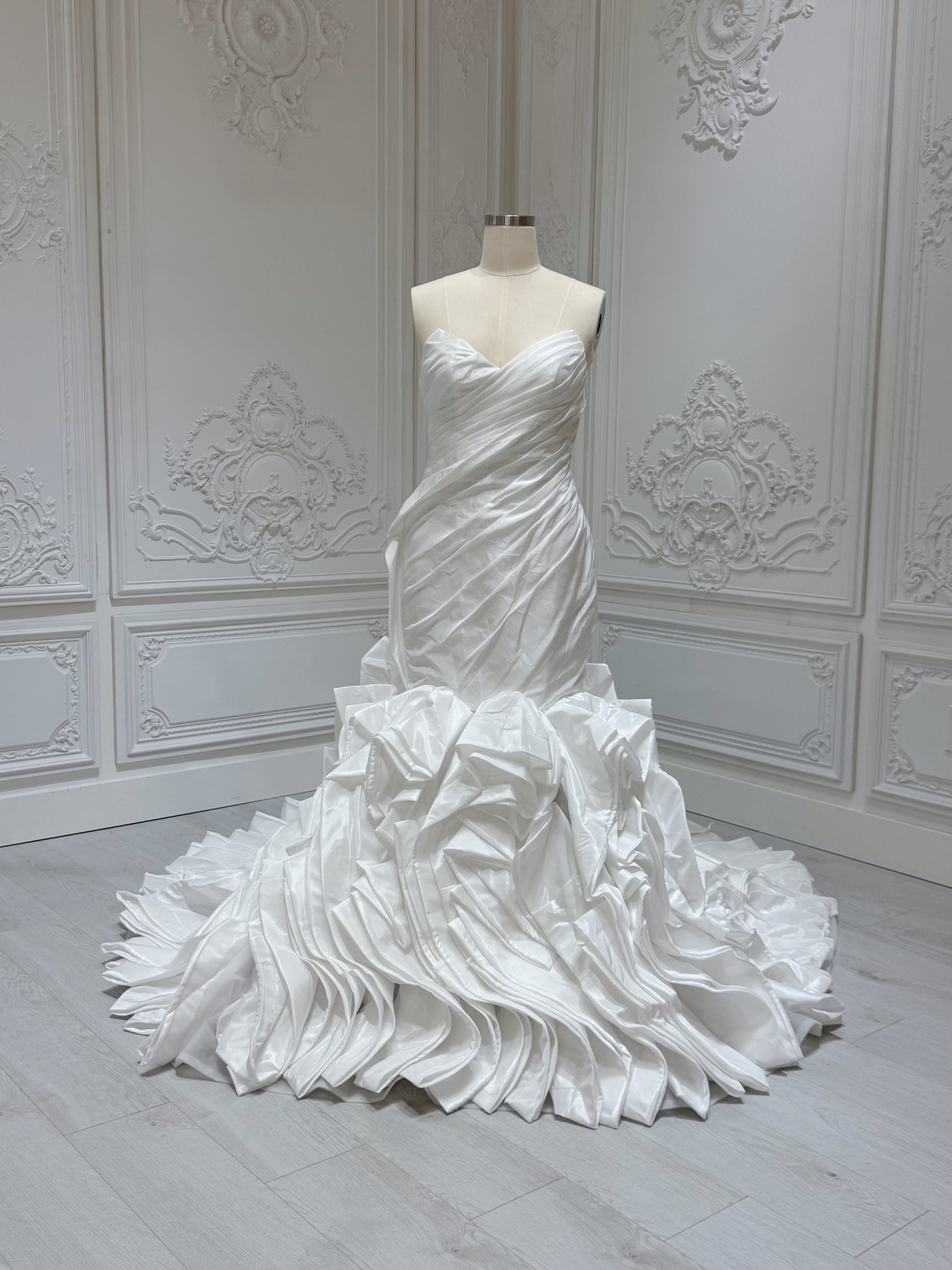 Stock clearance Bridal size 14! White satin pleated mermaid wedding dress with ruffled skirt - Ting's Bridal Collection