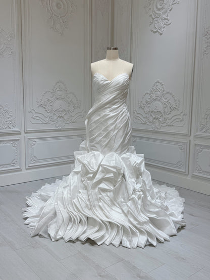 Stock clearance Bridal size 14! White satin pleated mermaid wedding dress with ruffled skirt - Ting's Bridal Collection