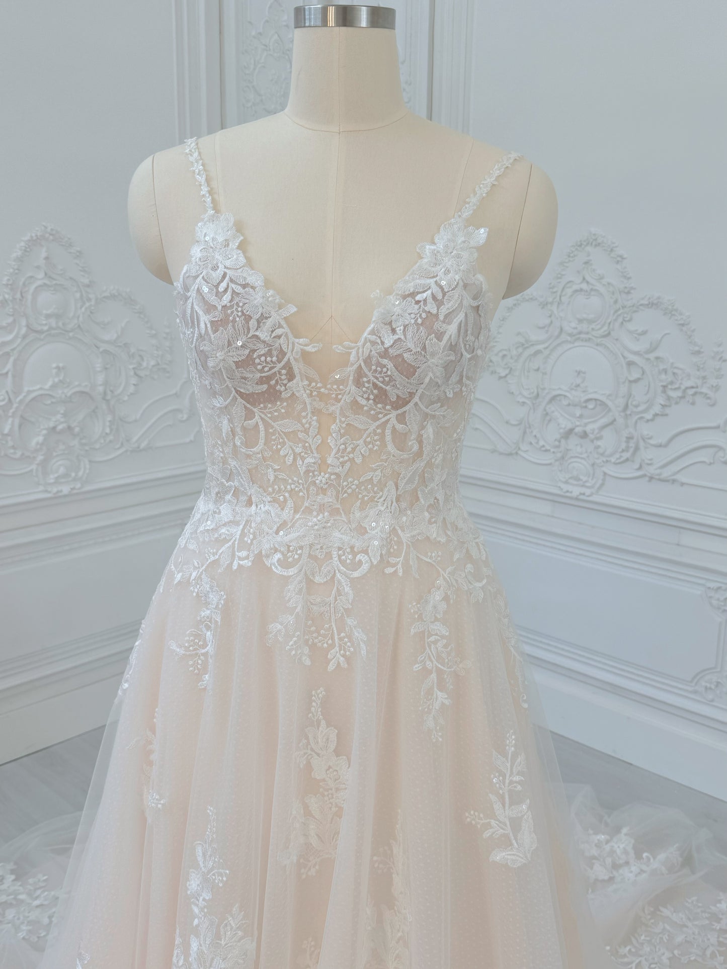 Stock Clearance! Blush color Spaghetti strap Deep V beach/outdoor wedding dress - Ting's Bridal Collection