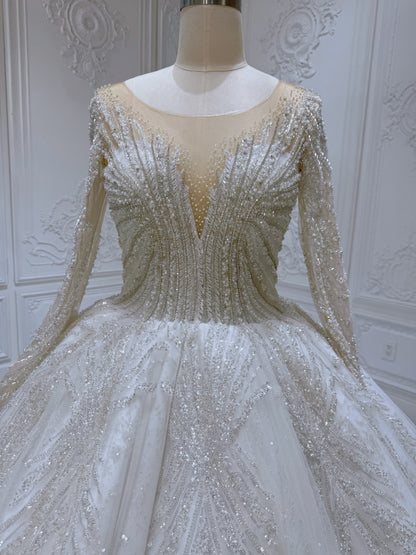 Stock Sale! Bridal size 12! Luxury crystal beading sparkling long sleeve with Deep V princess ballgown royal wedding dress - Ting's Bridal Collection