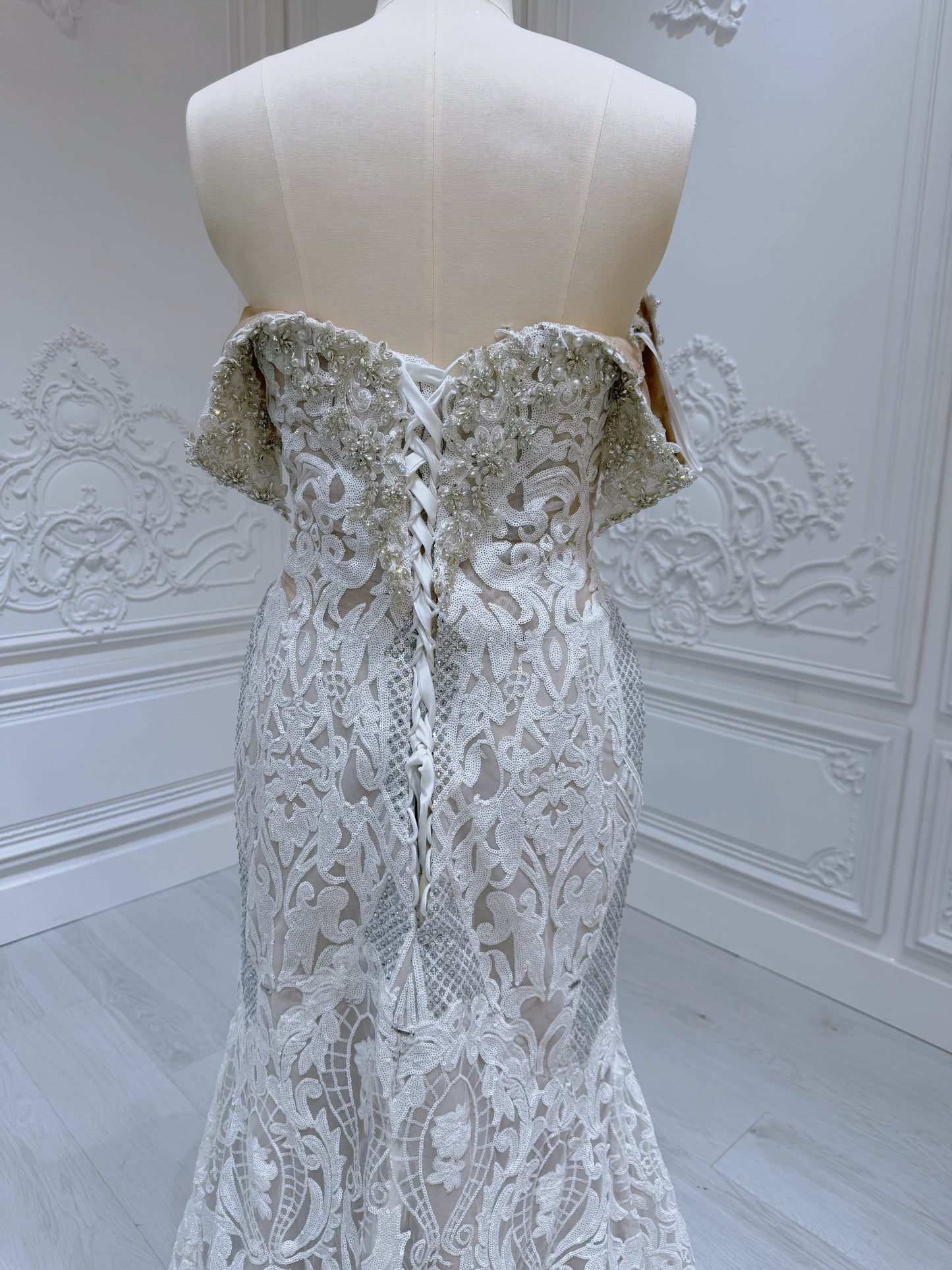 Stock Sale! Ivory crystal beaded fitting trumpet wedding dress with split - Ting's Bridal Collection