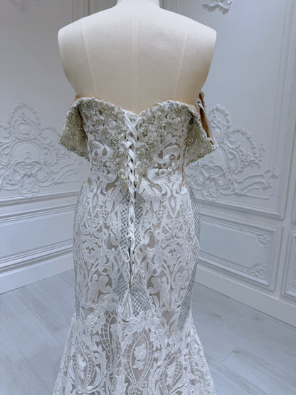 Stock Sale! Ivory crystal beaded fitting trumpet wedding dress with split - Ting's Bridal Collection