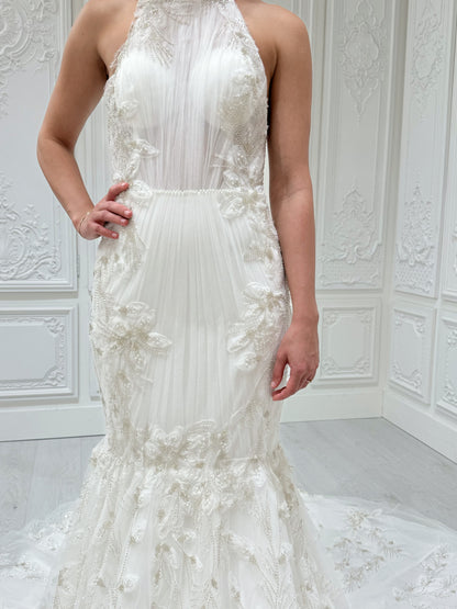 Stock Sale! Bridal size 12! Custom-made beading 3D floral lace halter neck with open back mermaid wedding dress - Ting's Bridal Collection