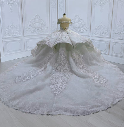 Custom-made luxury crystal beaded sparkling off the shoulder lace embroidered ballgown royal wedding dress - Ting's Bridal Collection