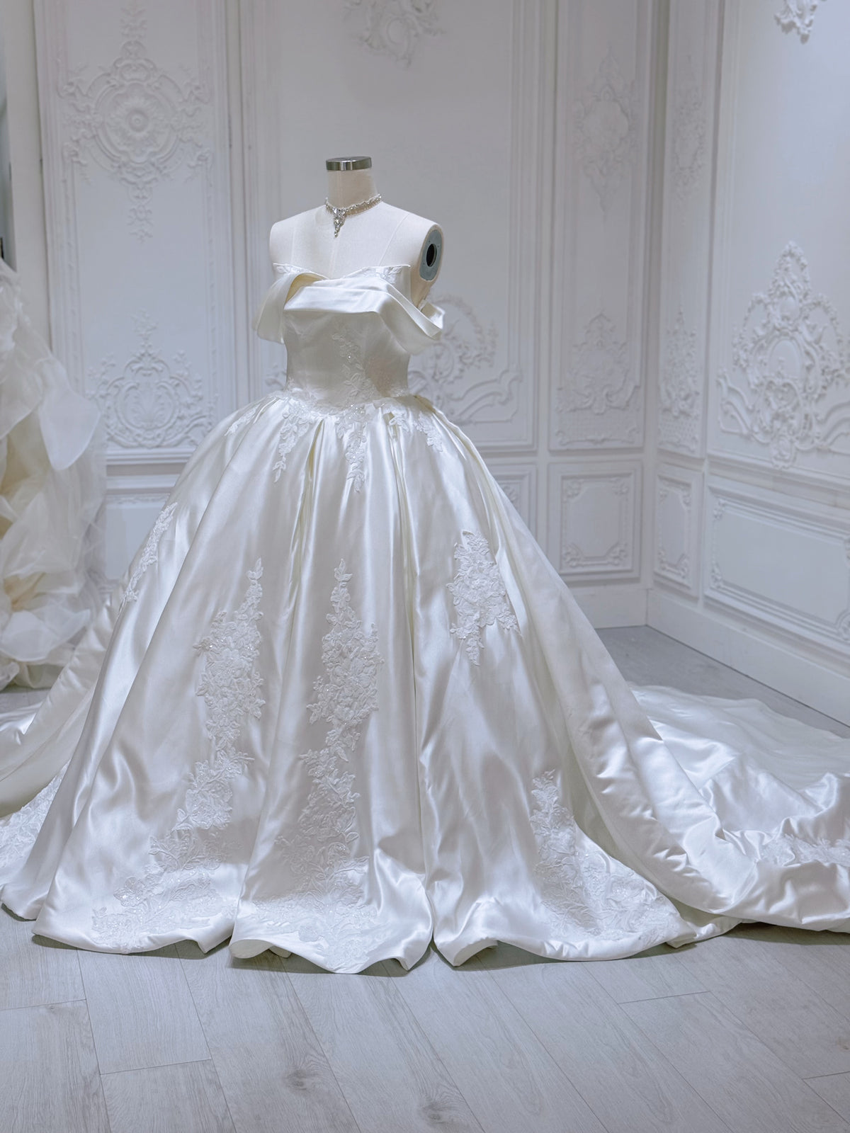 TBC-MB097 Custom-made lace embroidered off the shoulder ivory satin ballgown wedding dress - Ting's Bridal Collection
