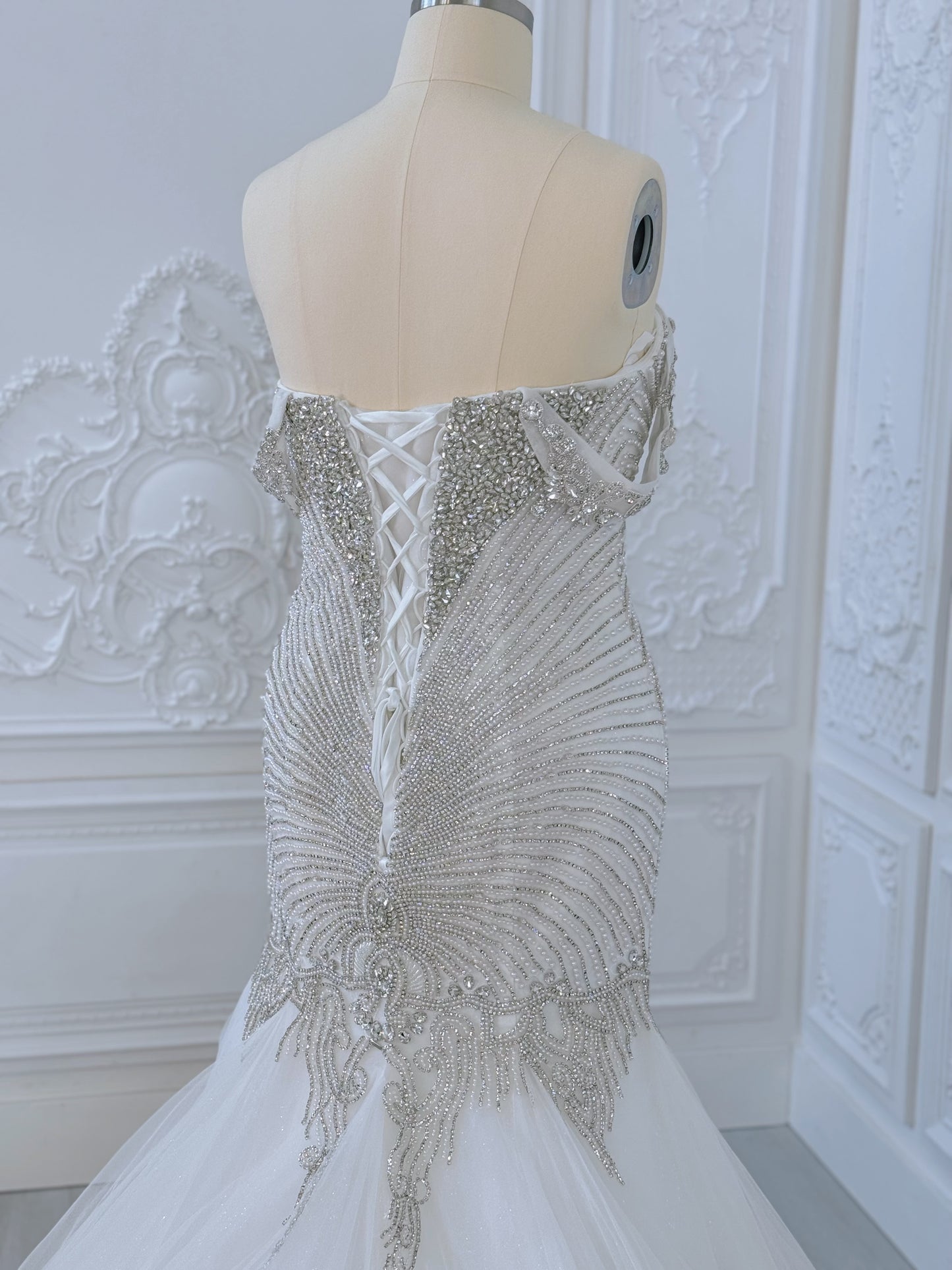 TBC-2IN1-003 Luxury crystal pearl beaded off the shoulder mermaid wedding dress with detachable ruffled skirt - Ting's Bridal Collection