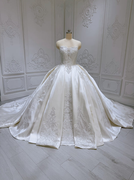 TBC-B045 Luxury lace beading ivory satin princess ballgown royal wedding dress - Ting's Bridal Collection