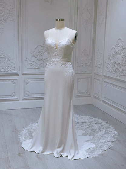 Stock clearance! White Strapless with V-neck crepe fabric with lace embroidered mermaid wedding dress - Ting's Bridal Collection