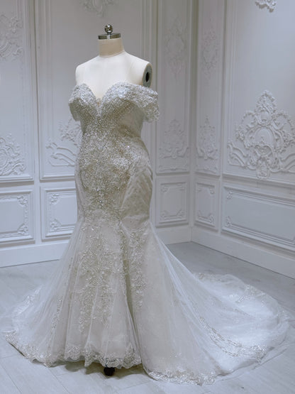 Stock clearance! Bridal size 16. Off white feather with beading lace bling mermaid wedding dress - Ting's Bridal Collection