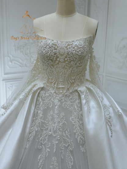 Stock of pearl beaded lace satin ballgown wedding dress - Ting's Bridal Collection