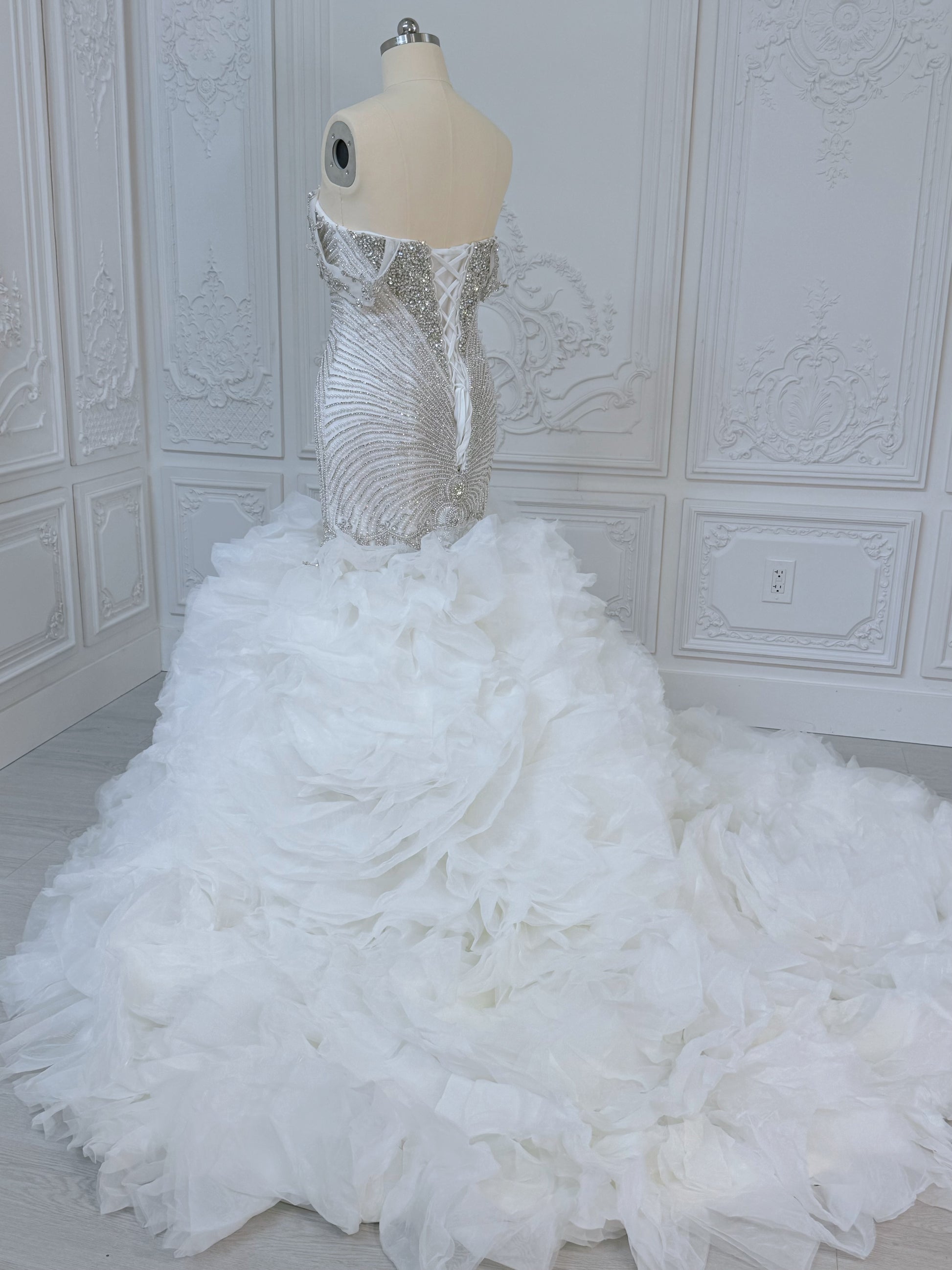 TBC-2IN1-003 Luxury crystal pearl beaded off the shoulder mermaid wedding dress with detachable ruffled skirt - Ting's Bridal Collection