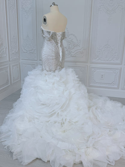 TBC-2IN1-003 Luxury crystal pearl beaded off the shoulder mermaid wedding dress with detachable ruffled skirt - Ting's Bridal Collection