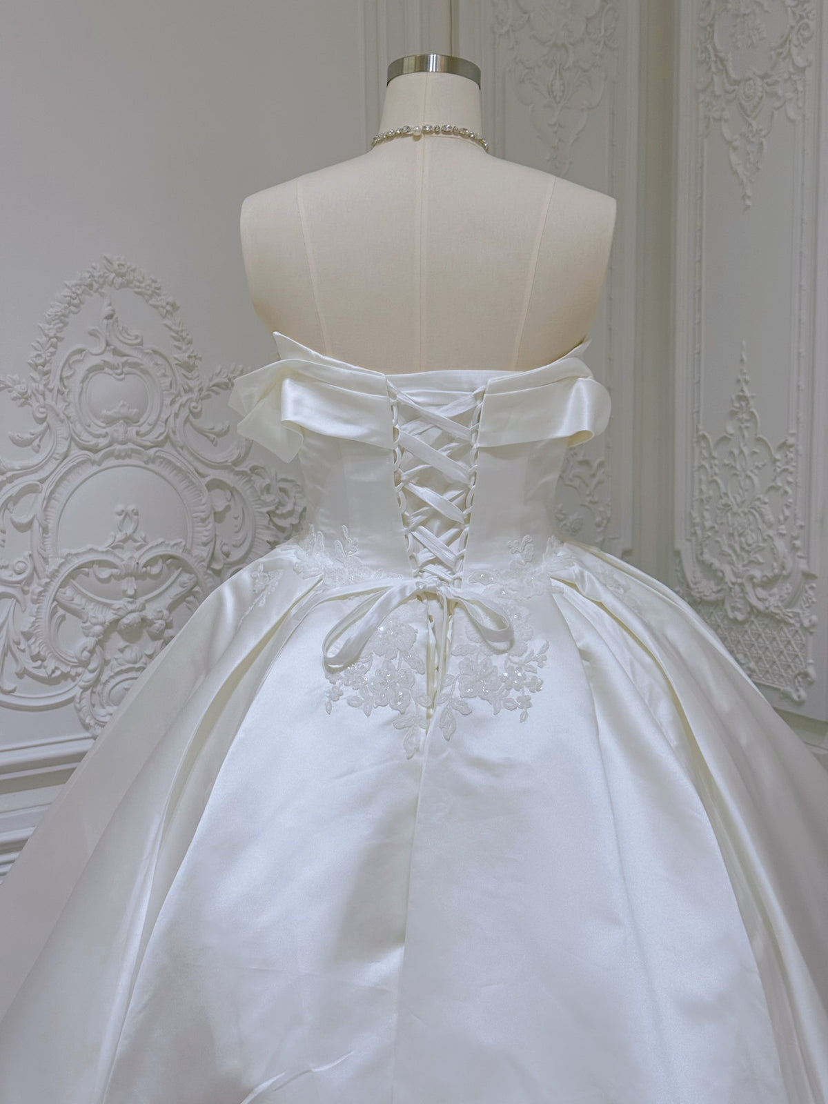 TBC-MB097 Custom-made lace embroidered off the shoulder ivory satin ballgown wedding dress - Ting's Bridal Collection