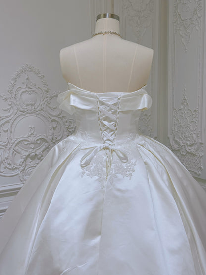 TBC-MB097 Custom-made lace embroidered off the shoulder ivory satin ballgown wedding dress - Ting's Bridal Collection