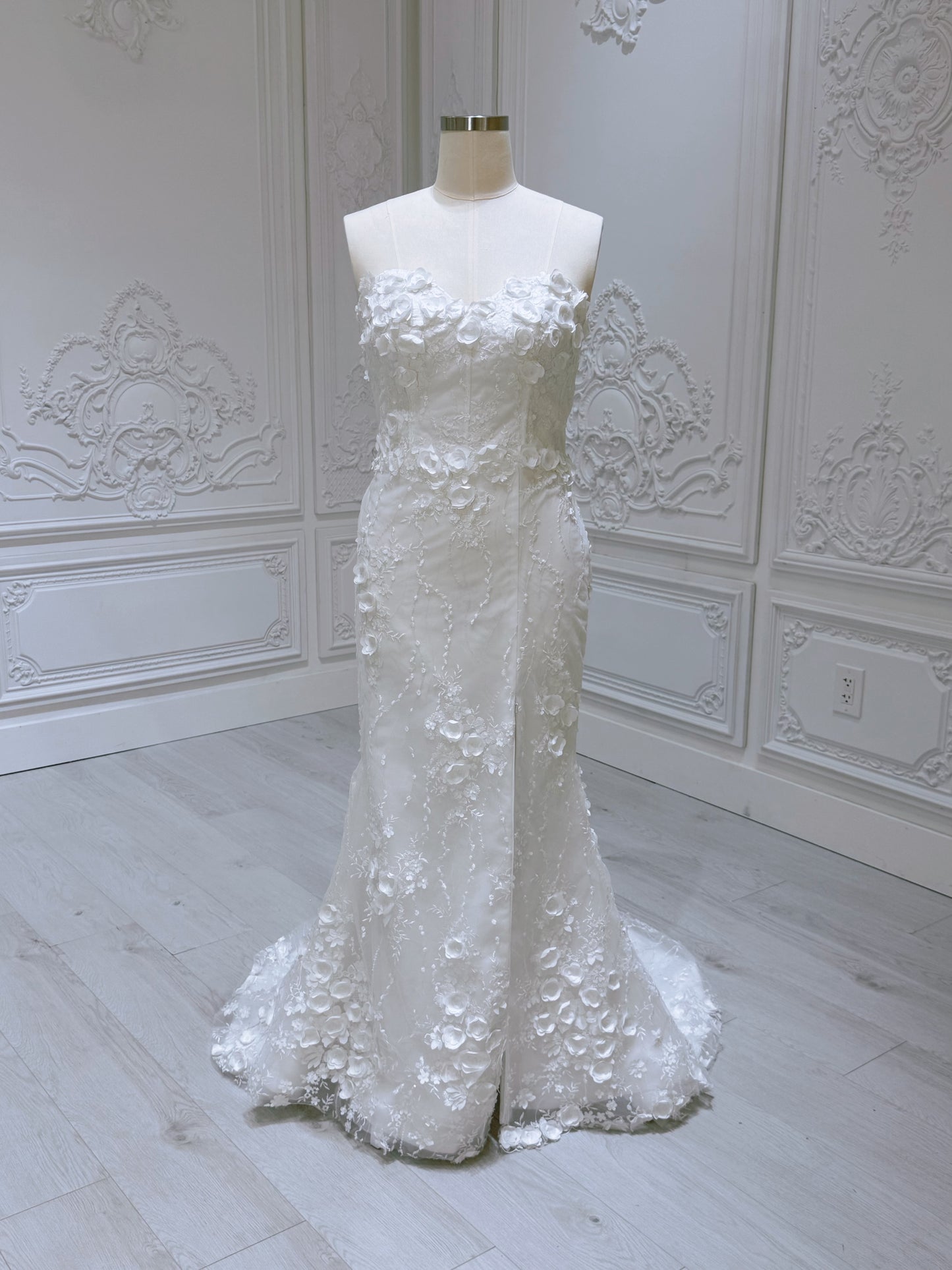 TBC-2IN1-002  Stock of White 3D floral off the shoulder 2 in 1 split mermaid wedding dress with detachable skirt - Ting's Bridal Collection