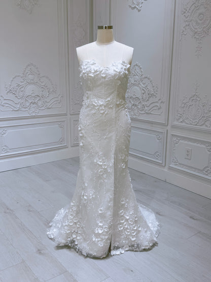 TBC-2IN1-002  Stock of White 3D floral off the shoulder 2 in 1 split mermaid wedding dress with detachable skirt - Ting's Bridal Collection