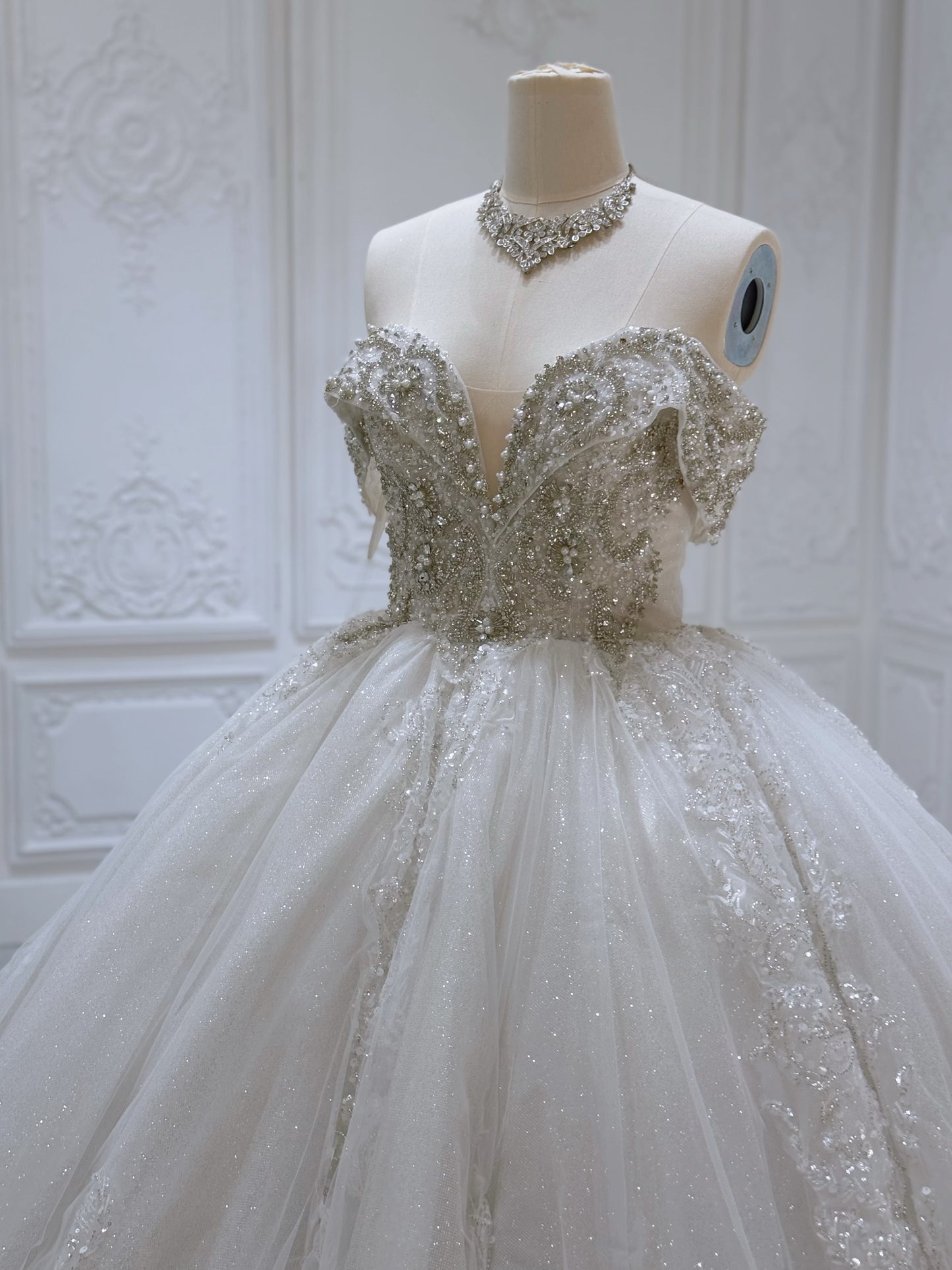 Stock Clearance! Bridal size 8! Custom-made off the shoulder crystal on beading lace princess ballgown sparkling wedding dress - Ting's Bridal Collection