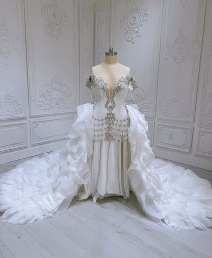 TBC-2IN1-0036 Made to order Luxury crystal beaded 2 in 1 mermaid with detachable ruffled skirt - Ting's Bridal Collection