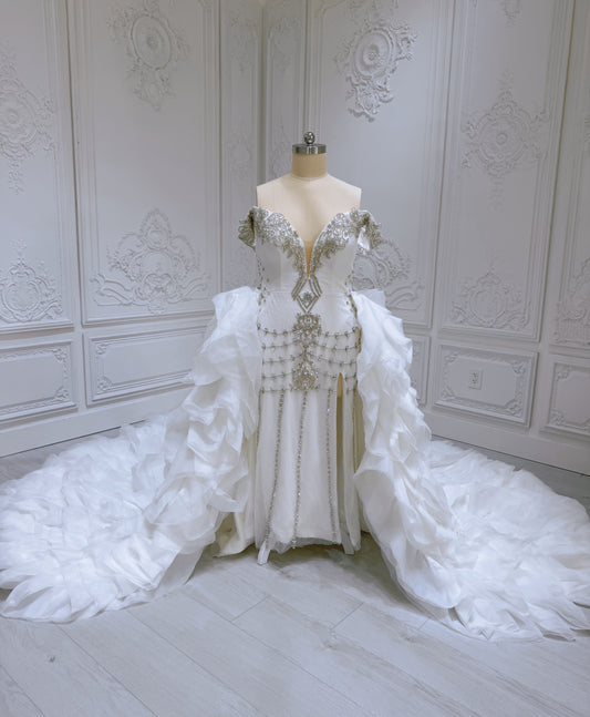 TBC-2IN1-0036 Made to order Luxury crystal beaded 2 in 1 mermaid with detachable ruffled skirt - Ting's Bridal Collection