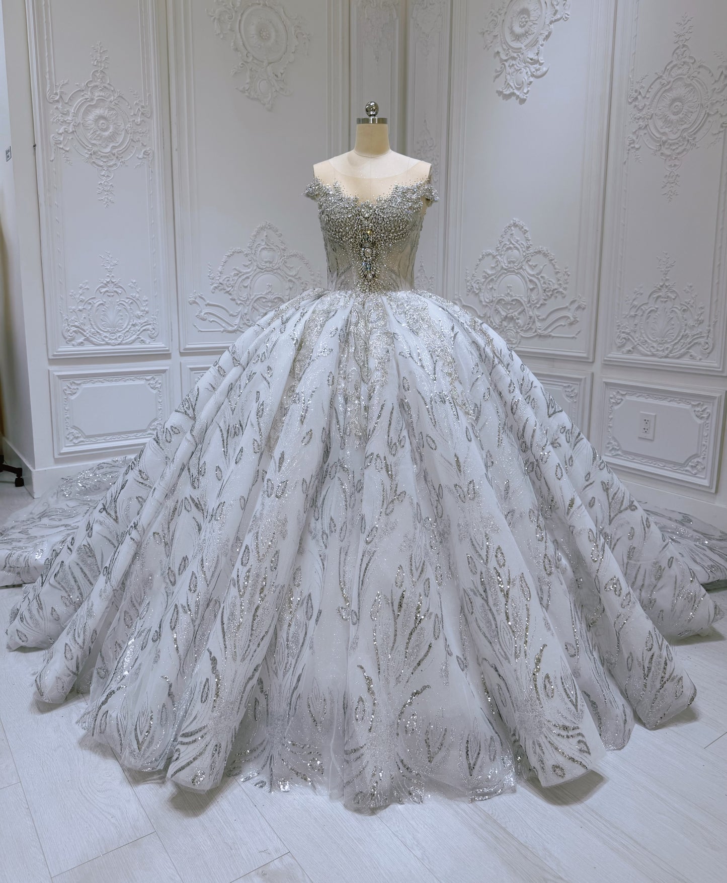 Stock Clearance! Bridal Size 10! Grey crystal beaded cap sleeve sparkling white&silver princess ballgown royal wedding dress - Ting's Bridal Collection