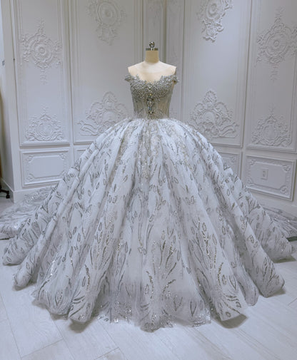 Stock Clearance! Bridal Size 10! Grey crystal beaded cap sleeve sparkling white&silver princess ballgown royal wedding dress - Ting's Bridal Collection
