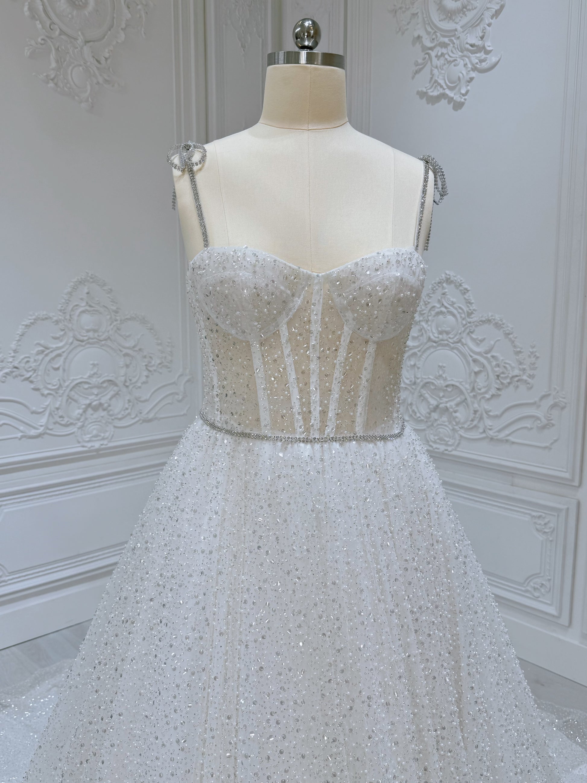 Stock clearance! Bridal size 12! White spaghetti strap sparkling Aline wedding dress - Ting's Bridal Collection
