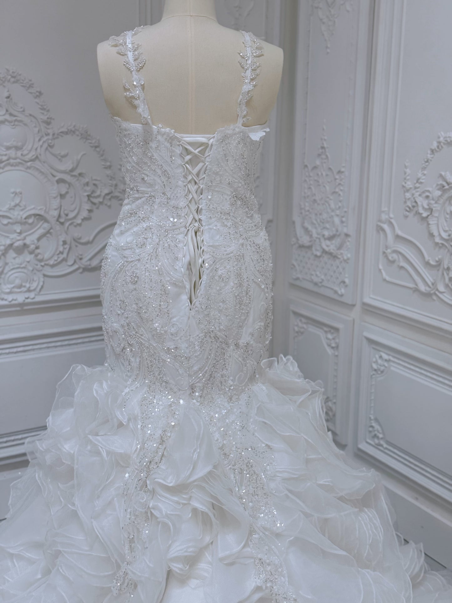 Stock Clearance! Bridal size 14! Custom-made beading lace sweetheart mermaid wedding dress with ruffled skirt - Ting's Bridal Collection