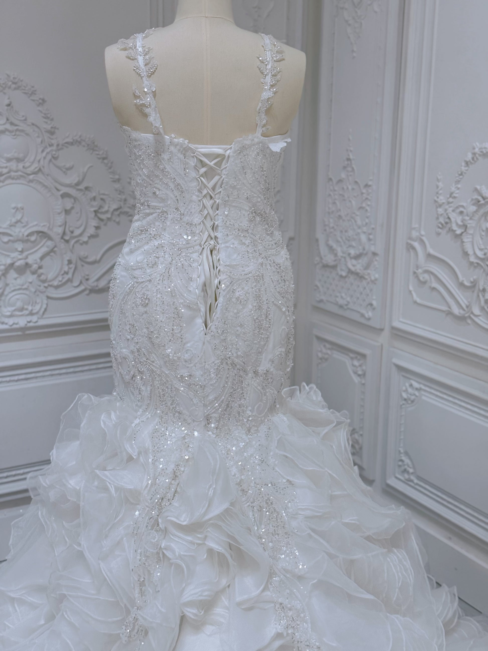 Stock Clearance! Bridal size 14! Custom-made beading lace sweetheart mermaid wedding dress with ruffled skirt - Ting's Bridal Collection
