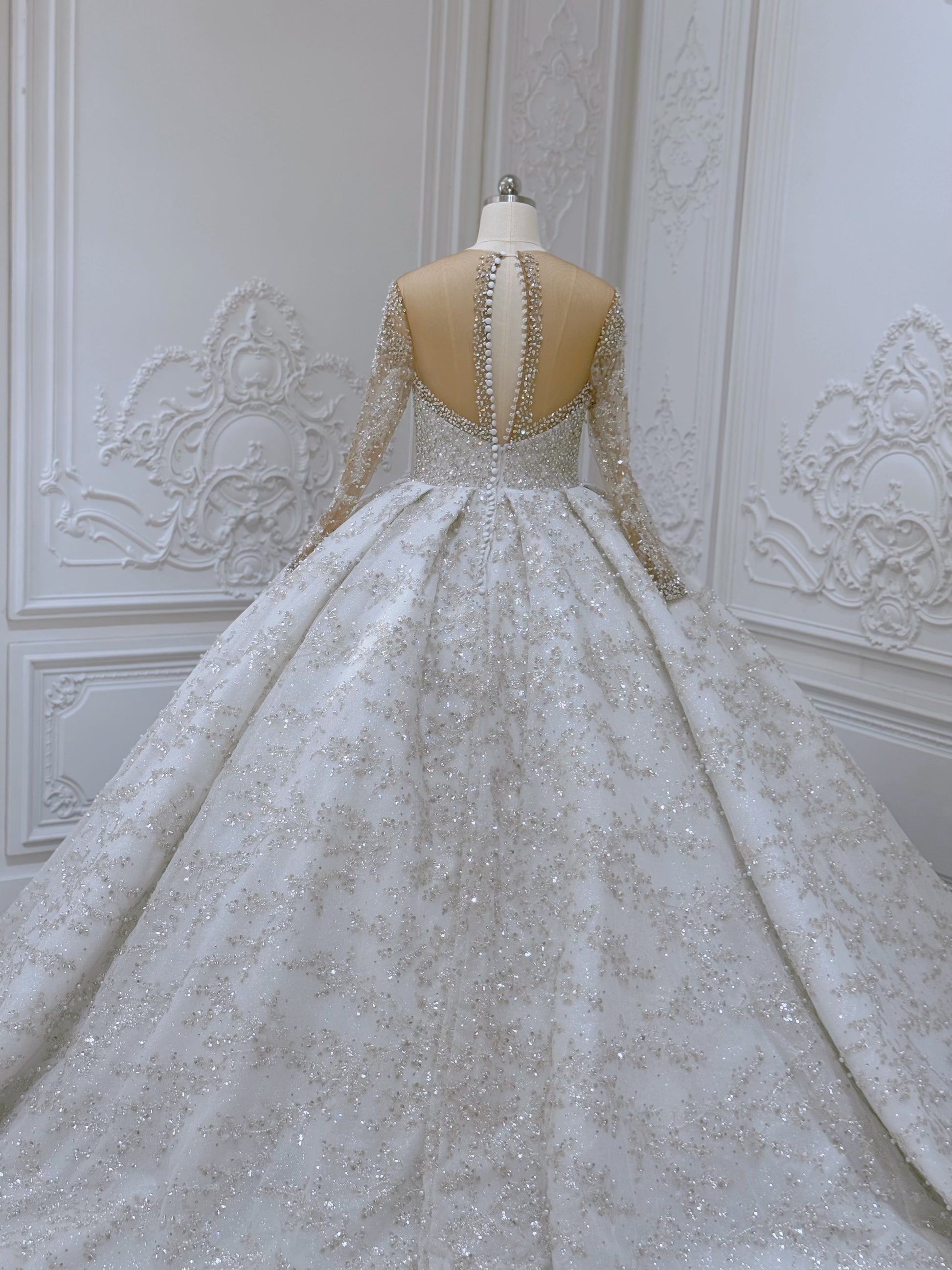 TBC-CM52 Custom-made luxury crystal with beading lace long sleeve sparkling princess ballgown royal wedding dress - Ting's Bridal Collection