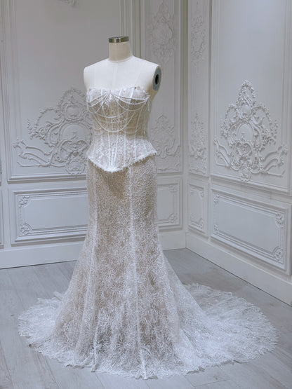 TBC-BM036 Stock of pearl beading lace vintage mermaid wedding dress