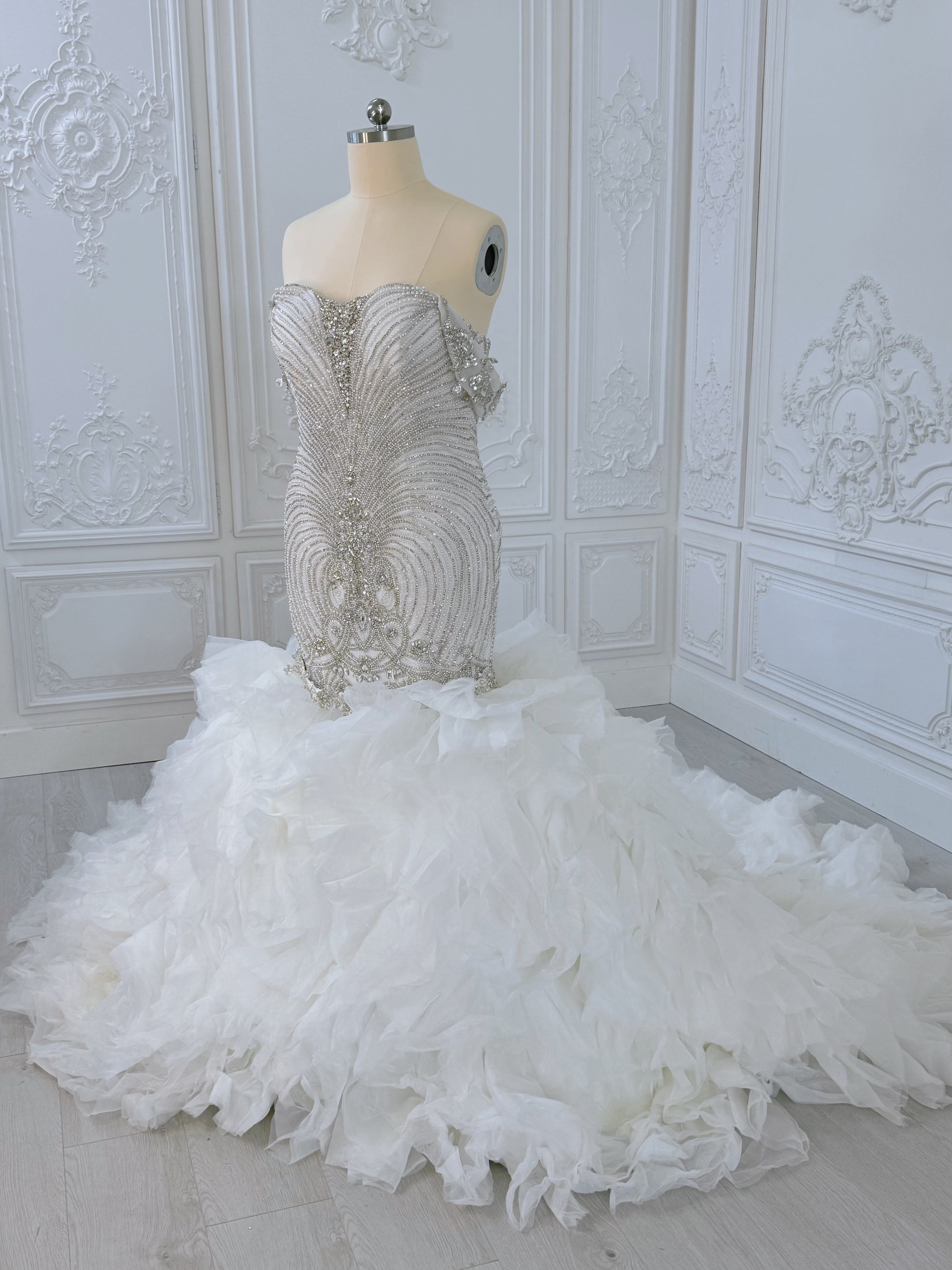 TBC-2IN1-003 Luxury crystal pearl beaded off the shoulder mermaid wedding dress with detachable ruffled skirt - Ting's Bridal Collection