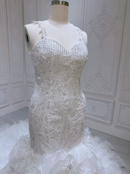 Stock Clearance! Bridal size 14! Custom-made beading lace sweetheart mermaid wedding dress with ruffled skirt - Ting's Bridal Collection
