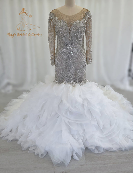 TBC-CM49 Custom-made fully crystal beaded long sleeve mermaid royal wedding dress with detachable ruffles skirt - Ting's Bridal Collection