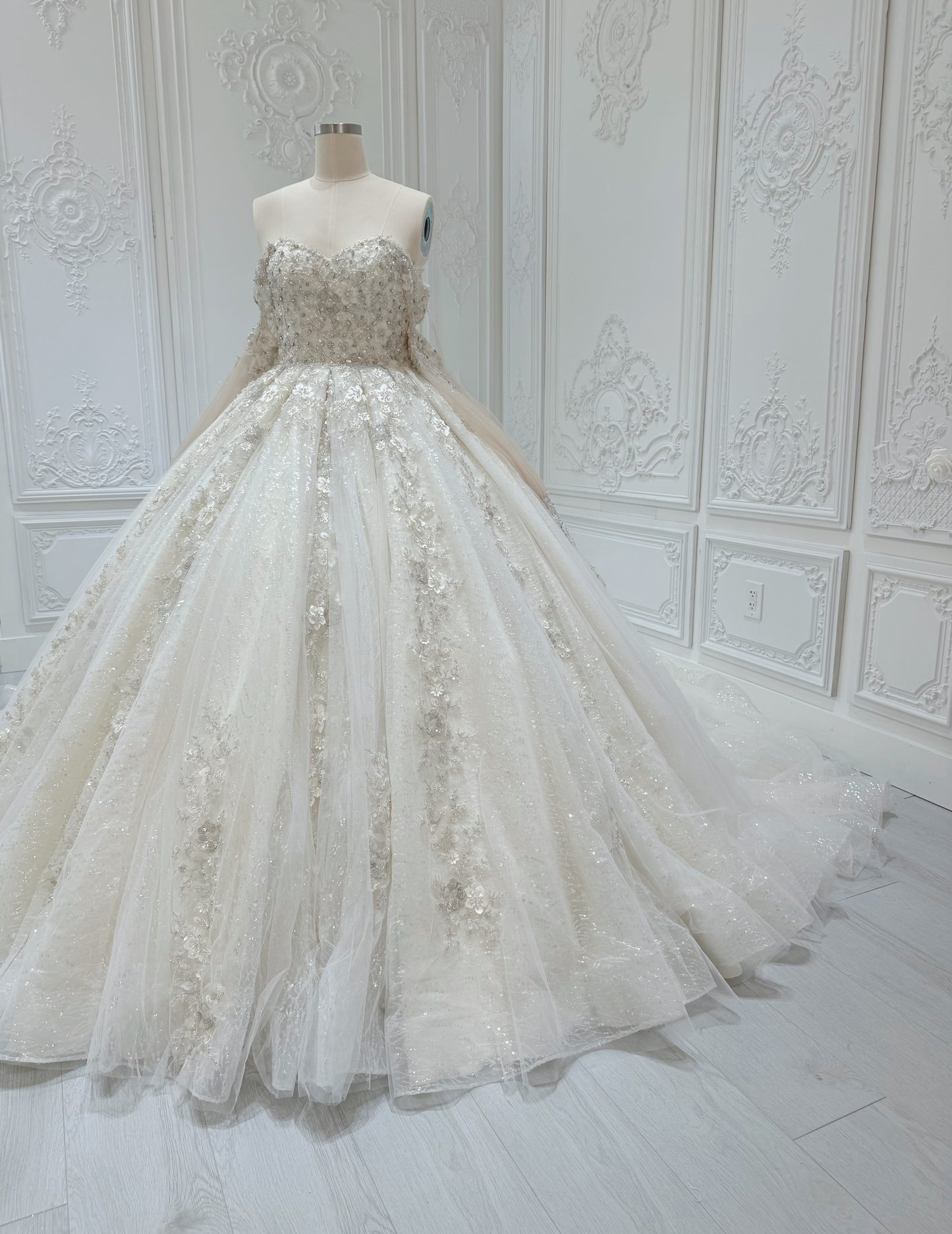 Stock Clearance! Bridal size 12! Champagne strapless/off the shoulder puffy long sleeve beaded 3D floral full ballgown fairy wedding dress - Ting's Bridal Collection