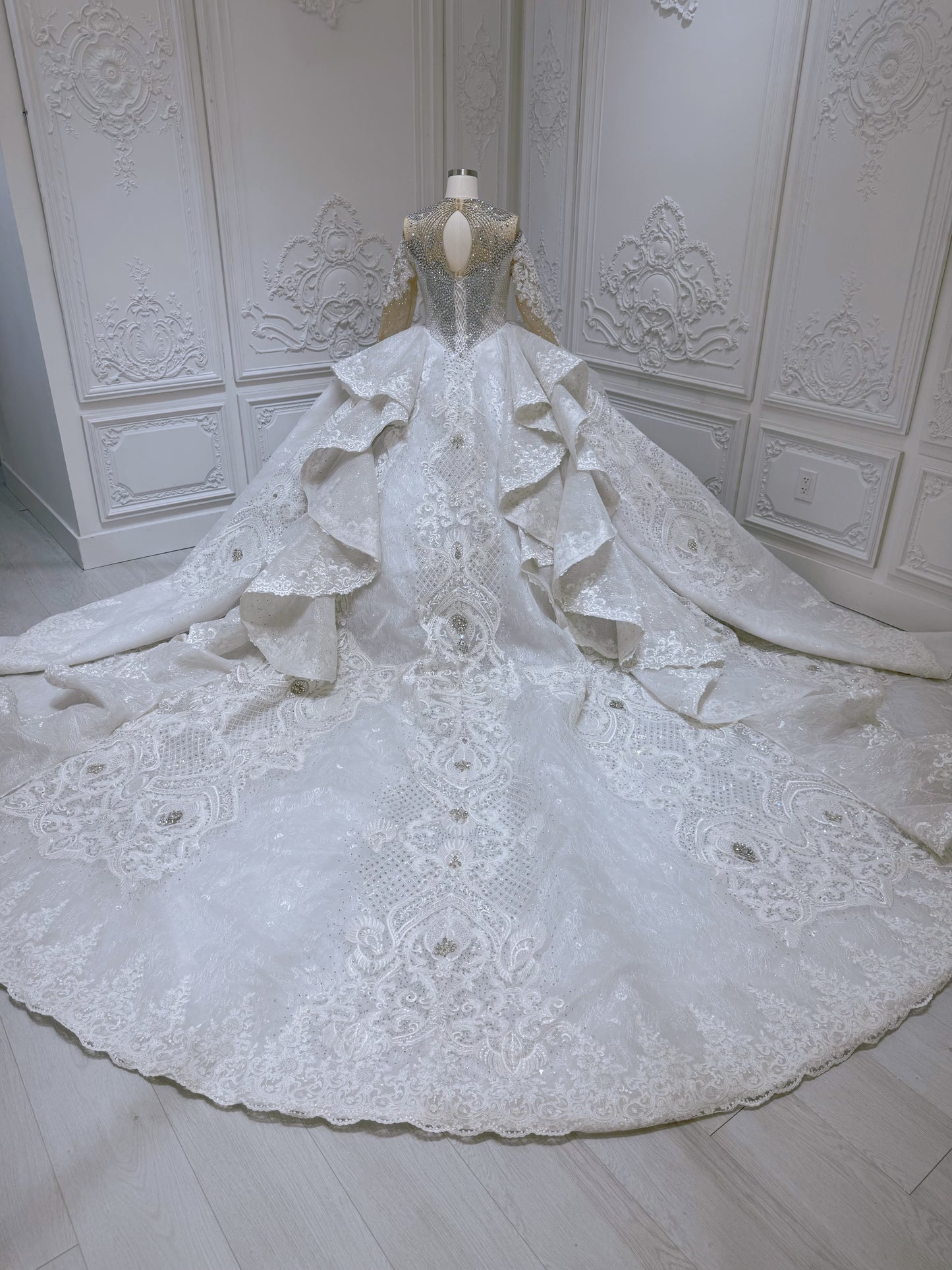 Stock Clearance! Bridal Size 12! Luxury crystal beaded with lace embroidered sparkling long sleeve high neck royal wedding dress - Ting's Bridal Collection