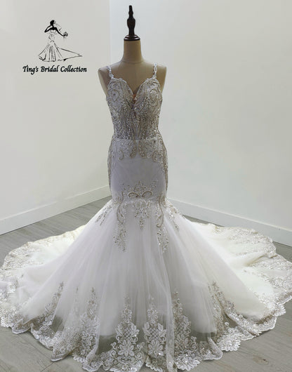 TBC-JM064 Custom-made beading spaghetti strap low back mermaid wedding dress