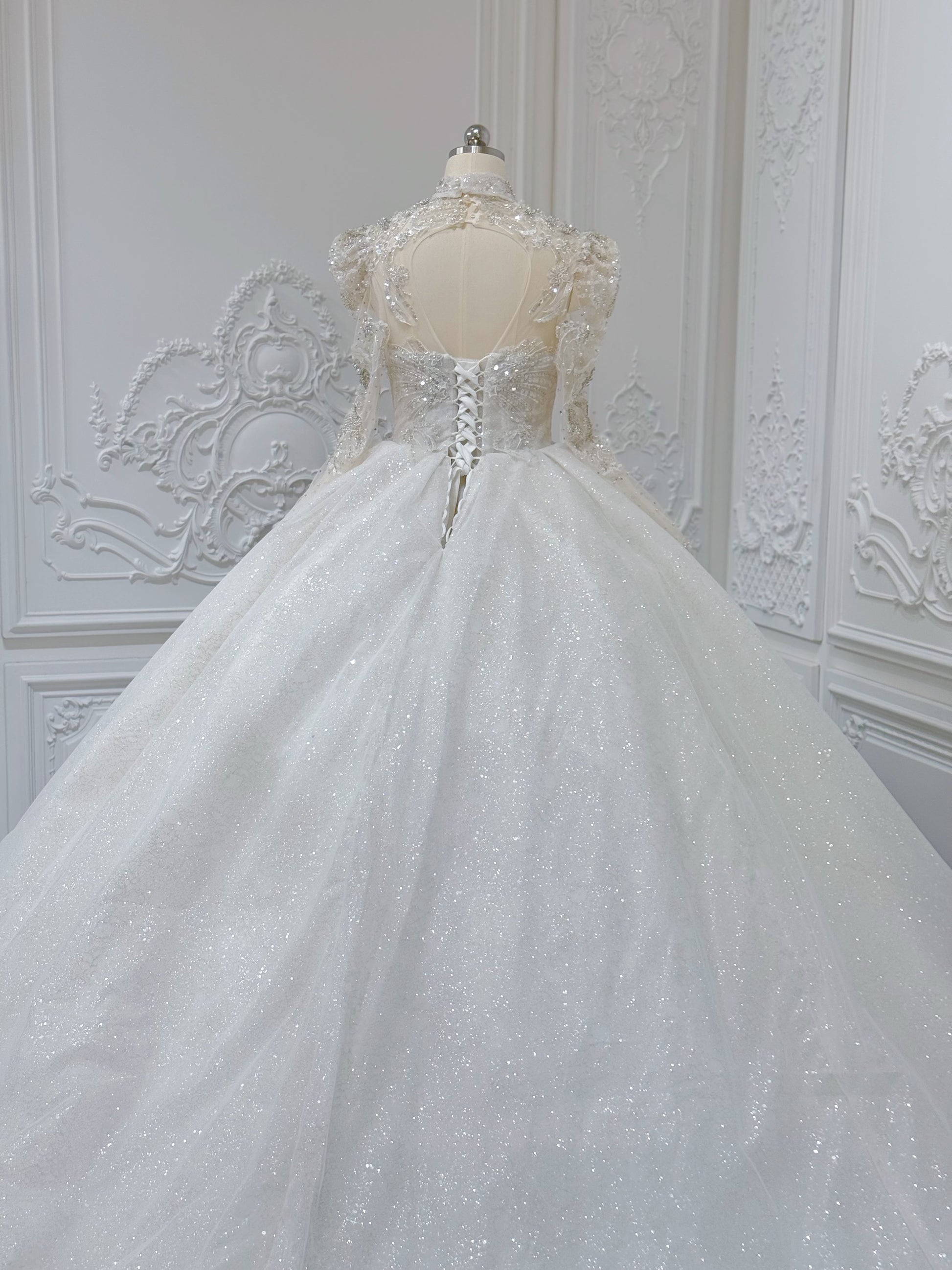 Stock Clearance! Bridal size 10! Luxury crystal beaded with beading lace long sleeve Victorian royal wedding dress with detachable neckpiece - Ting's Bridal Collection